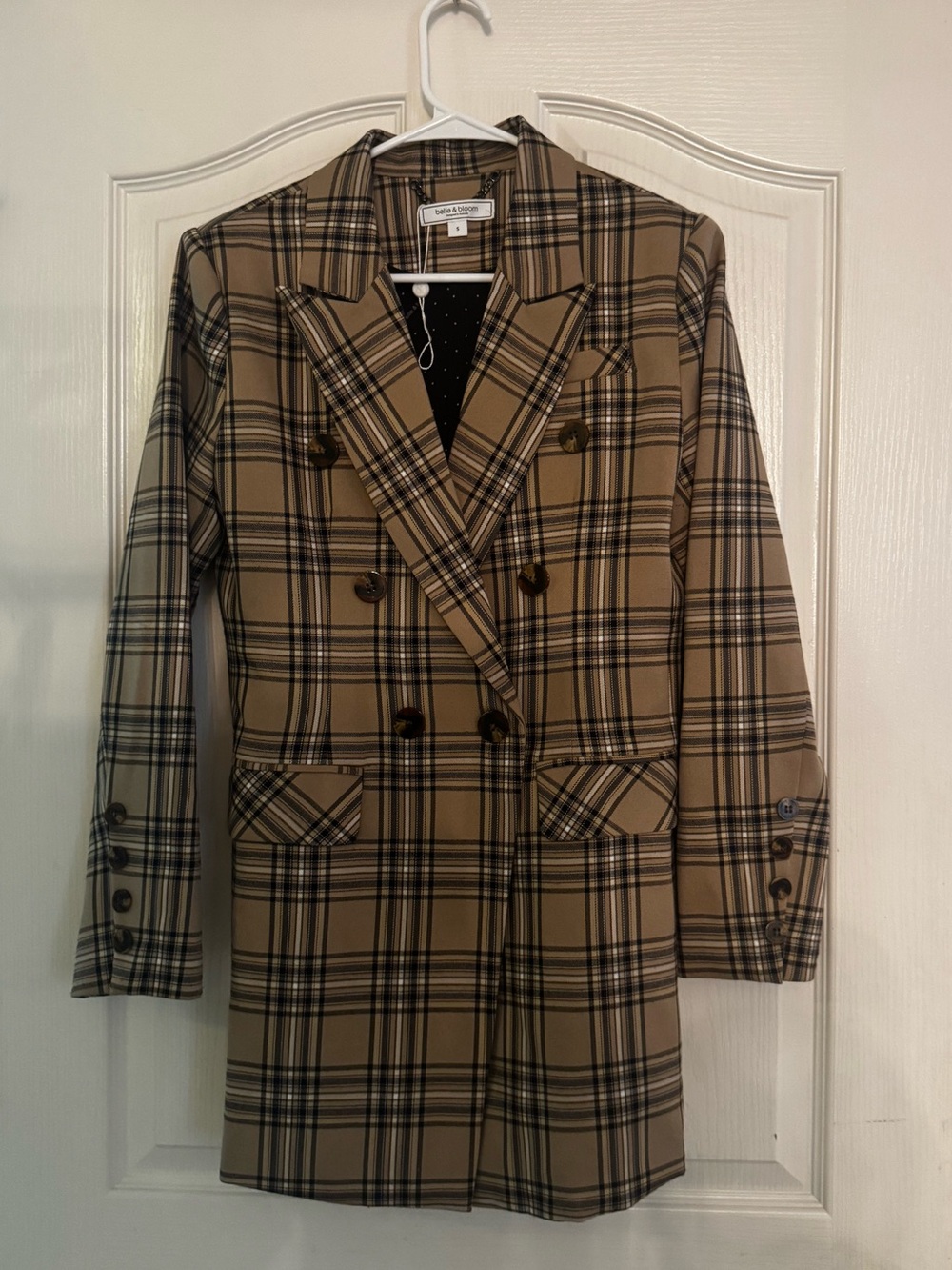 Tan Plaid Double-Breasted Blazer Coat